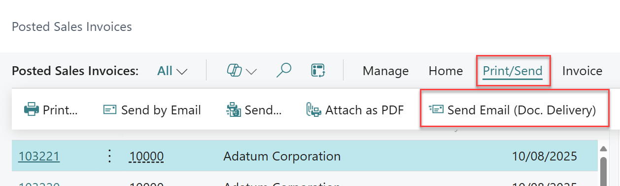 Post sales invoice with options selected in Dynamics 365 Business Central