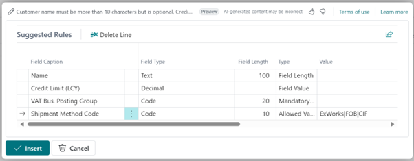 a screenshot showing copilot suggesting a series of rules in Microsoft Dynamics 365 business central