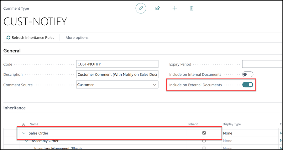 FOn the Comment Types setup, select both ‘Include on External Documents’ and the ‘Inherit’ flag on the Sales Order line.