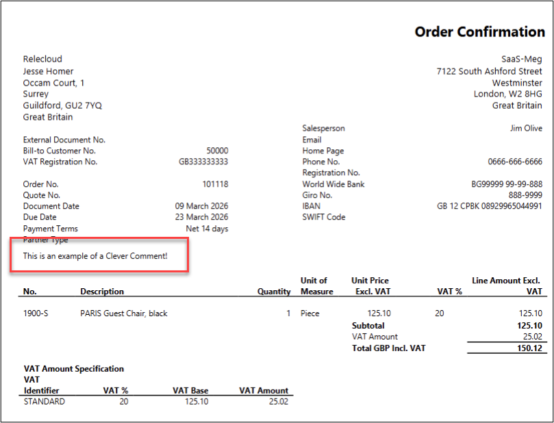 Sales Order showing that the comments made in Business Central have been inherited