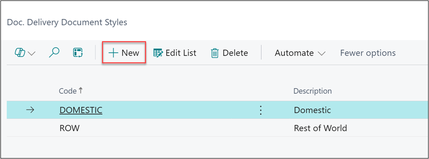 Entering code and description for document styles in Business Central