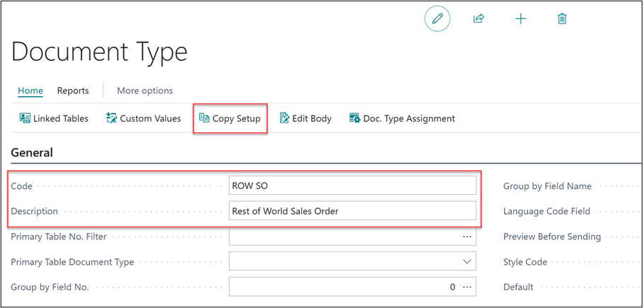 Copying document type set up in Business Central