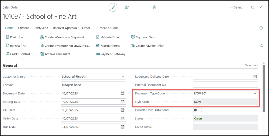 Applying document type and style code to a Sales Order in Business Central