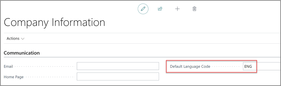 Communication FastTab, populatimg the Default Language Code field.