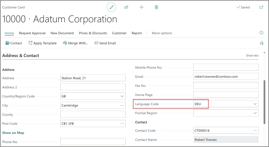 language code can be defined against Customer and Vendor Cards, within the Address & Contact FastTab